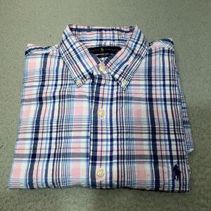 Polo Ralph Lauren Shirt Men Large Blue‎ Slim Seersucker Short Pink Pony Button